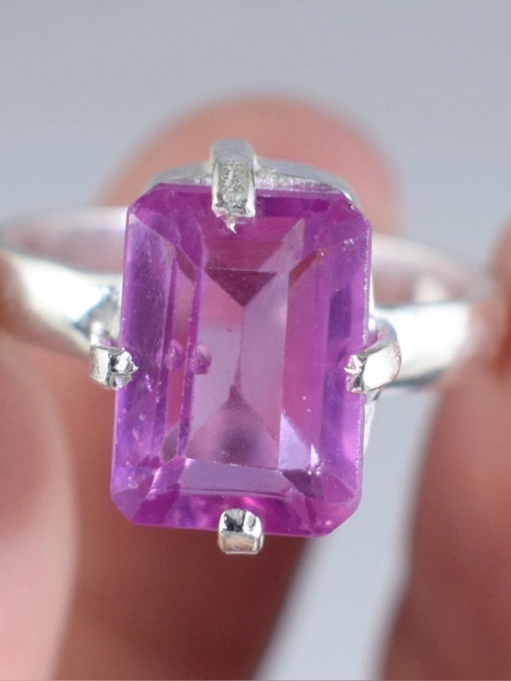 CERTIFIED 10.15 CT NATURAL Kunzite Emerald-Cut 925 Sterling Silver Ring